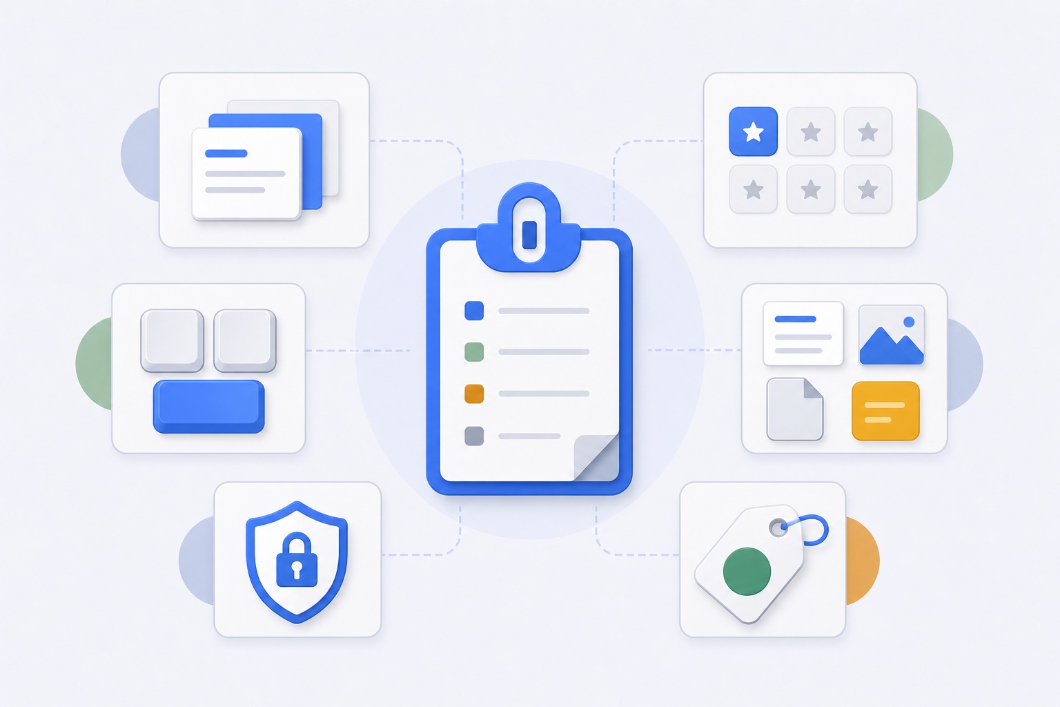 Illustration of a Mac clipboard workflow for repeated replies, links, and active support work.