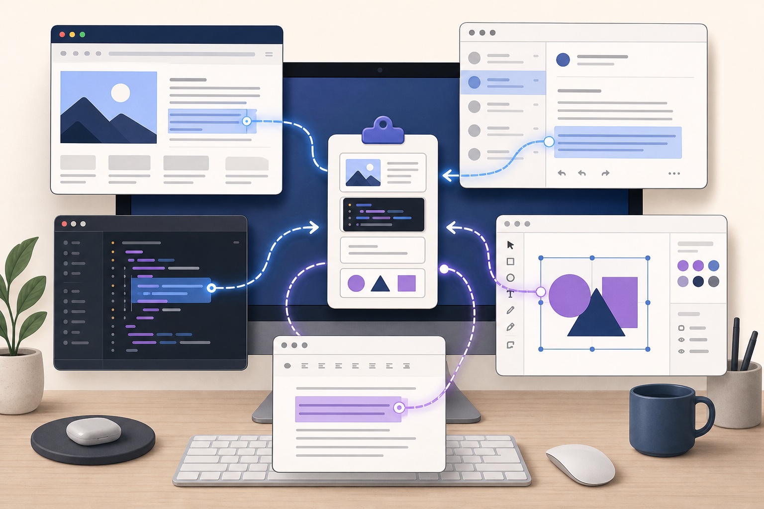 Editorial illustration of a clipboard connecting browser, email, code, design, and document workspaces on a Mac desktop.