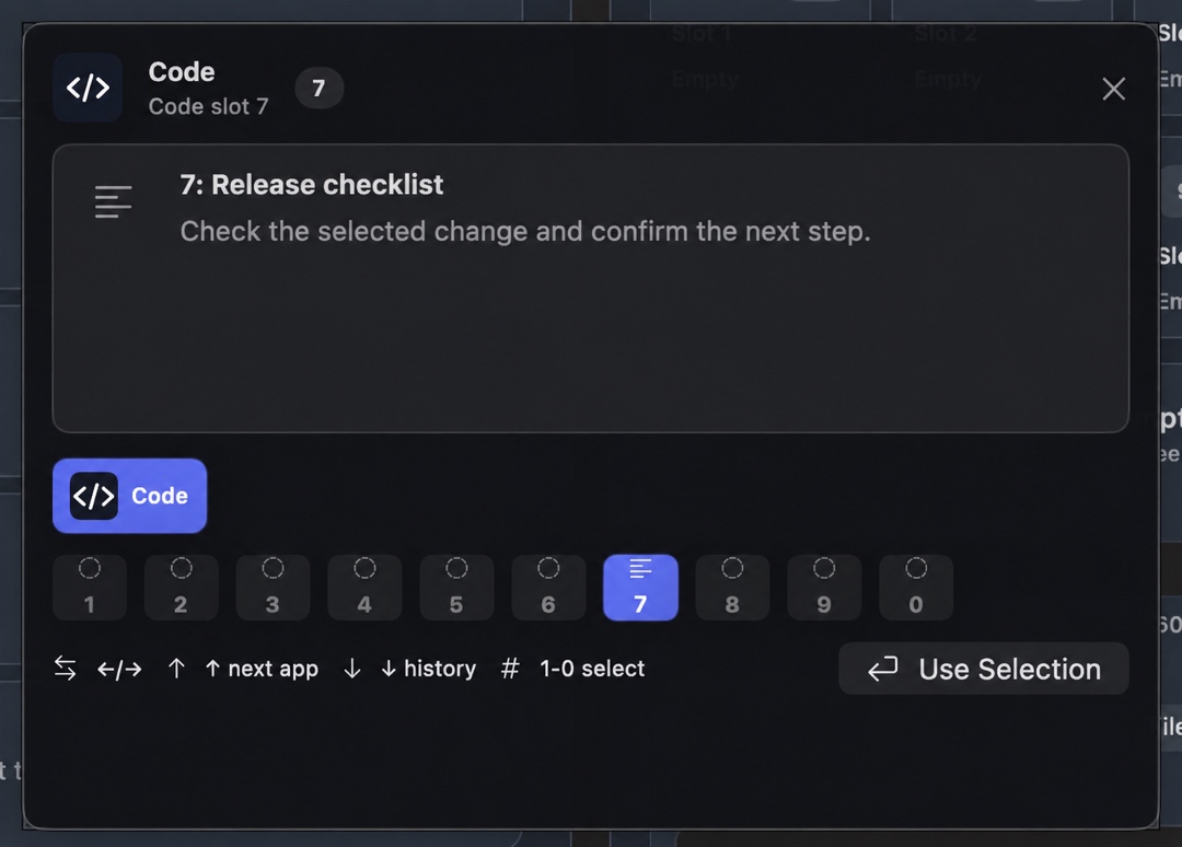 WhatTheClip overlay focused on favourite slot 7 in the Code App Profile.