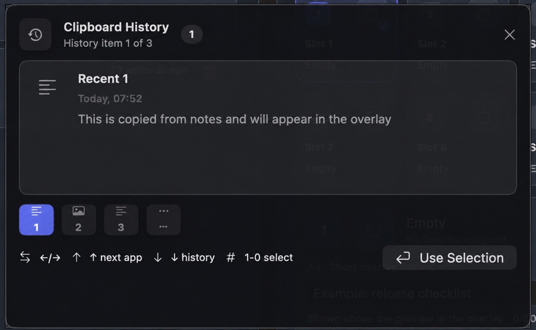 WhatTheClip Clipboard History overlay showing a recent text clipping over the dashboard.