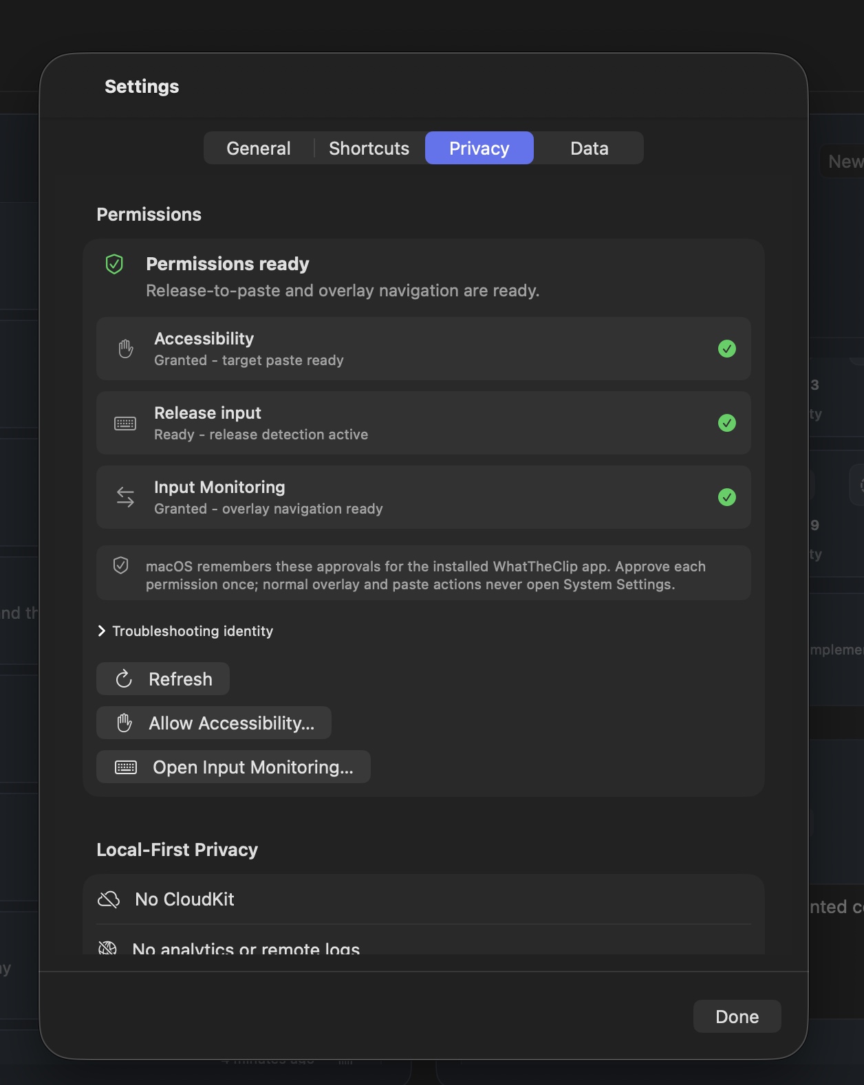 WhatTheClip Privacy settings showing ready Accessibility, Release input, and Input Monitoring permissions.